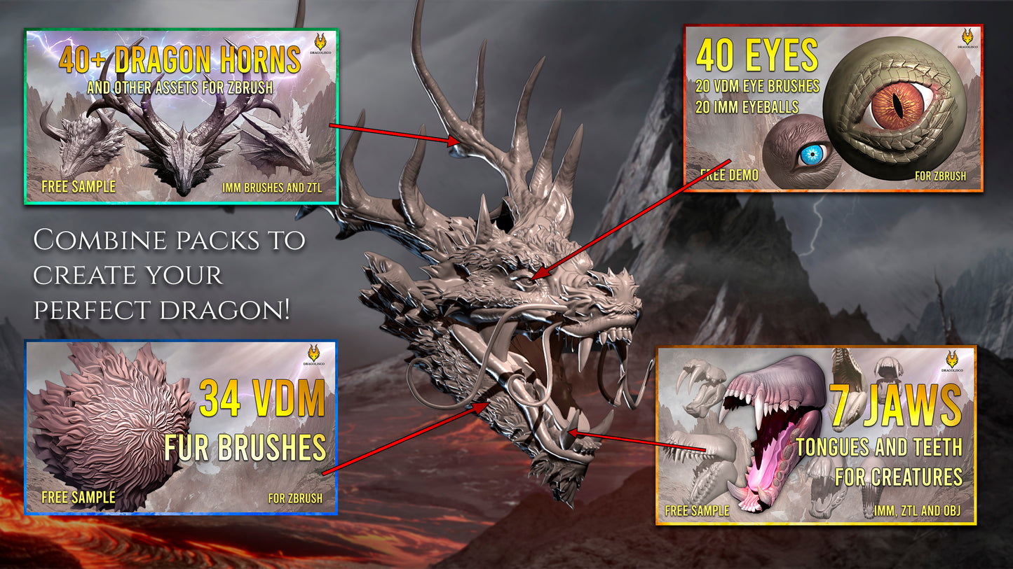 16 Dragon Heads for Zbrush and Blender