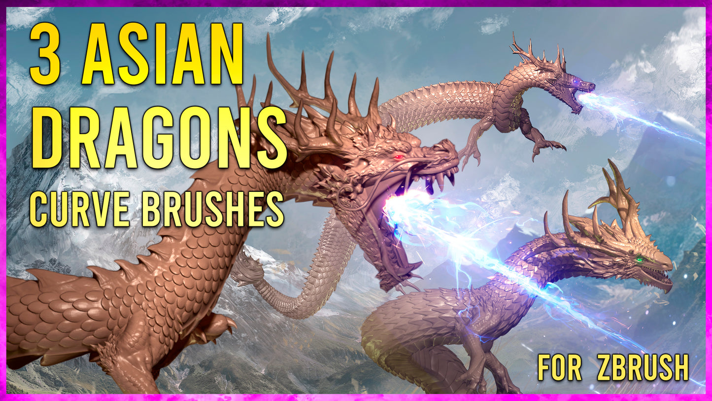 3 Asian Dragons curve brushes for Zbrush