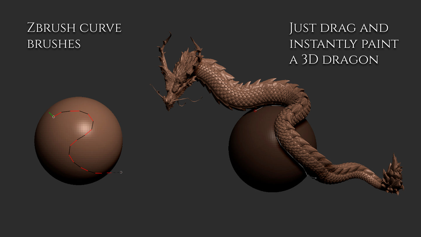 3 Asian Dragons curve brushes for Zbrush