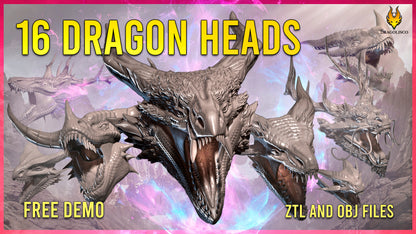 16 Dragon Heads for Zbrush and Blender