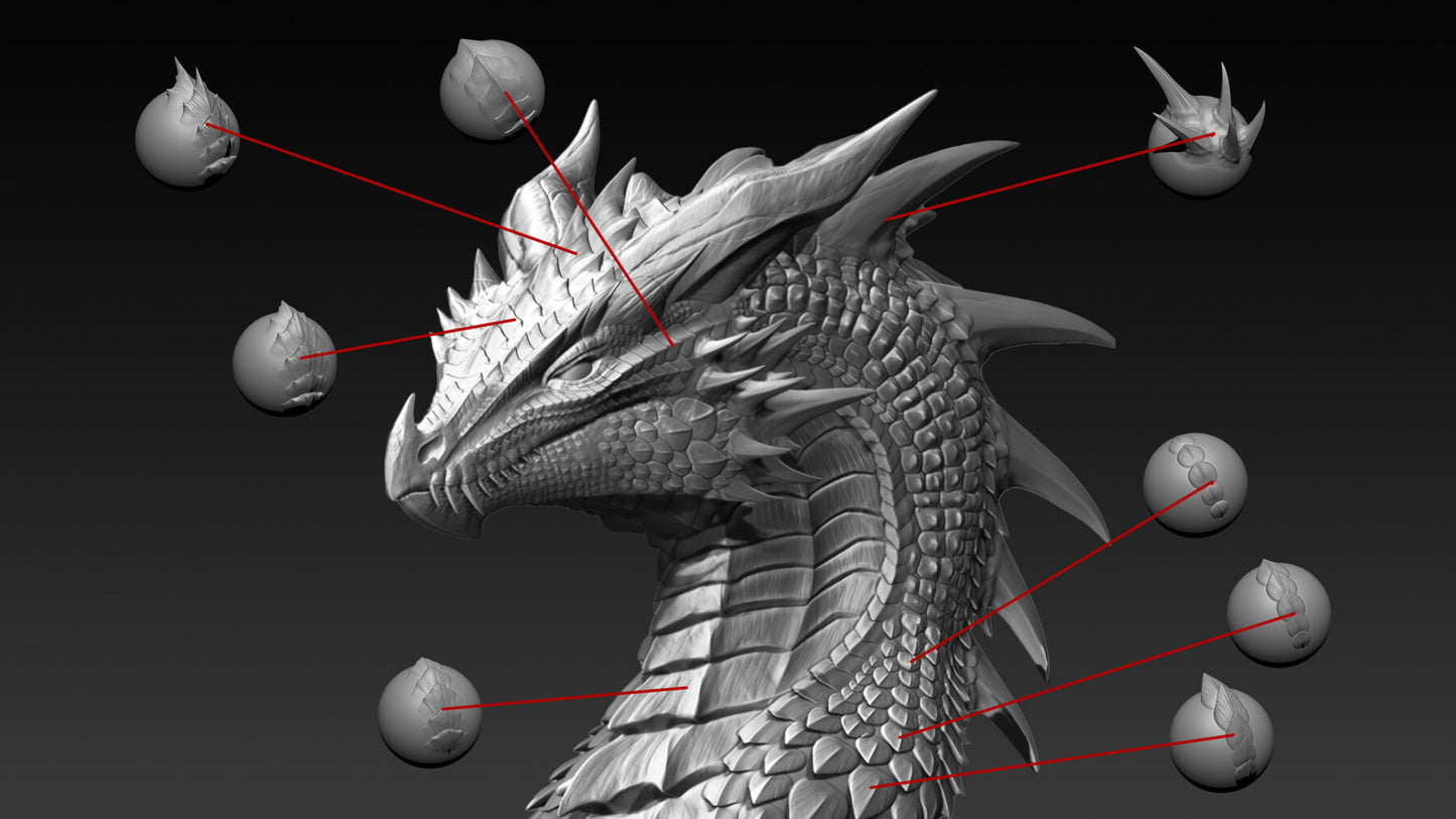 56 pinceles VDM Scales and Spikes de Zbrush para dragones y otras criaturas reptiles